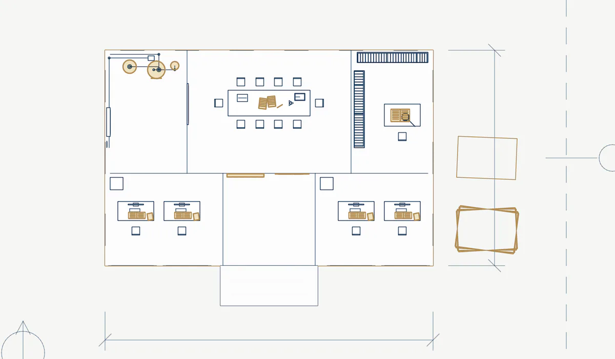 Technical drawing. Plan of the condominium ground floor seen from above: office, staff room, lobby, meeting room, plant room and archive. Highlighted in brass, the areas this role holds a key to: accounting, documents, maintenance, meetings, communications, suppliers and notice board.